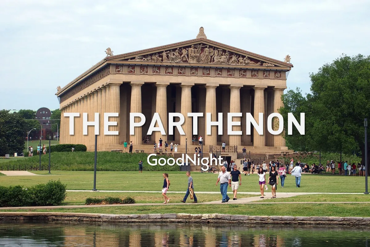 This exterior image shows The Parthenon in Centennial Park, with visitors walking and lush green lawns, representing one of Nashville’s iconic family-friendly attractions. The wide open space and visible families evoke a sense of outdoor adventure and group activities.