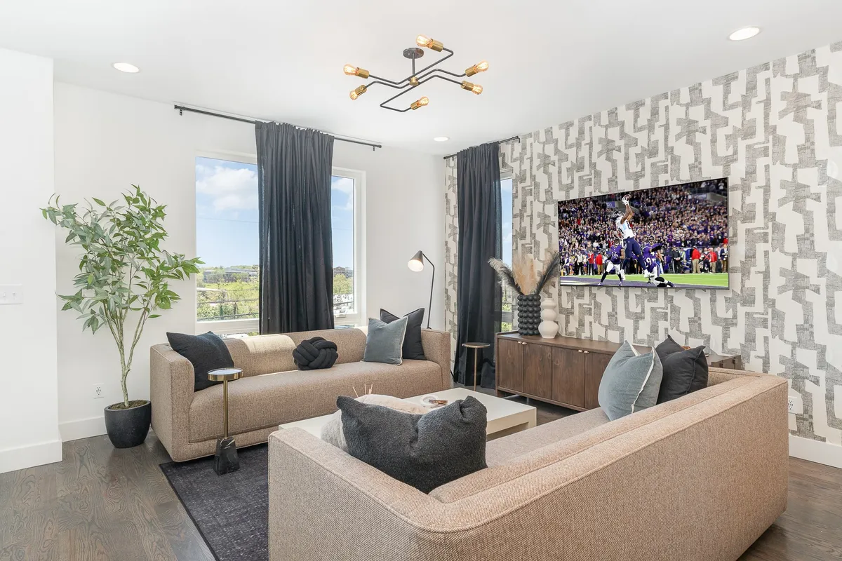 A cozy entertainment space with a sofa, television, decorative plant, and ambient lighting fixture, arranged for casual relaxation or viewing parties. It feels lively yet comfortable, suitable for both small and larger groups.